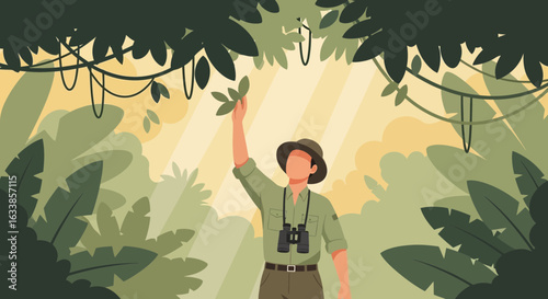 Botanist Exploring Exotic Forest Discovering Unique Flora And Fauna