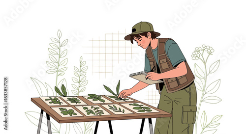 Botanist Studying Plants And Taking Notes Field Research And Education Concept