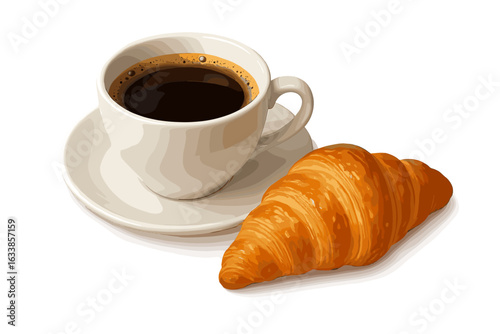 Realistic coffee cup with dark black beverage and golden brown croissant breakfast pastry isolated on white, morning cafe scene, bakery food illustration, vector transparent background