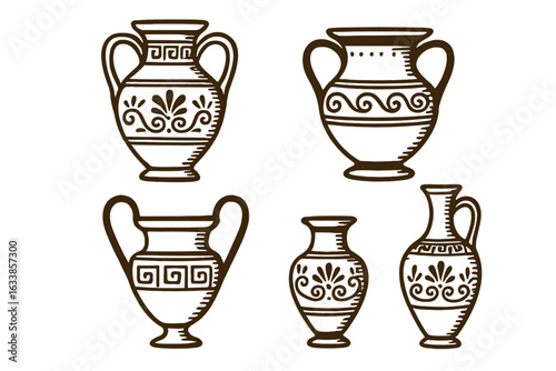Hand drawn ancient Greek vases vector set, classical amphora and pottery illustration, antique ceramic jars and urns with traditional patterns, historical decorative artifacts isolated on white