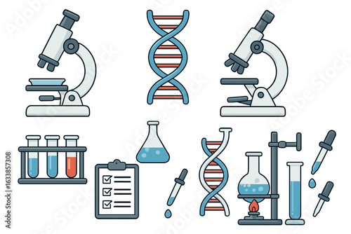 Laboratory science research tools vector illustration. Microscopes, DNA double helix, test tubes, flasks, glassware, pipettes, chemical analysis, experimental checklist in modern medical laboratory.