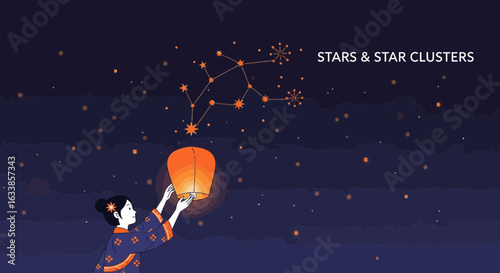 Celestial Dreams Girl Releases a Lantern Beneath Constellations on a Dark Sky