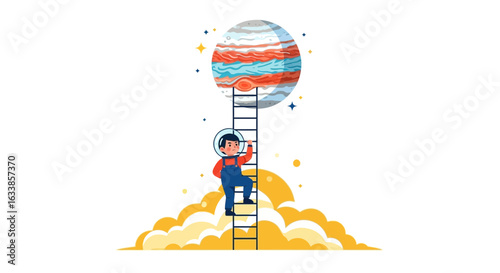 Boy Astronaut Climbs A Ladder To Space Mission And Explore New World