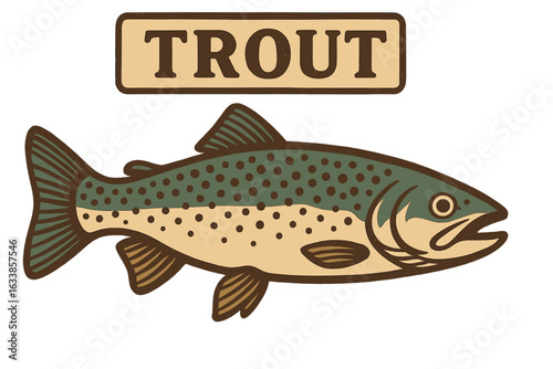 Vintage trout fish illustration, retro wild trout signage, fishing poster vector, realistic freshwater fish drawing, rustic wildlife symbol, outdoor angling, transparent background, nature art