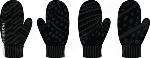 Four black knitted mittens with different patterns silhouette