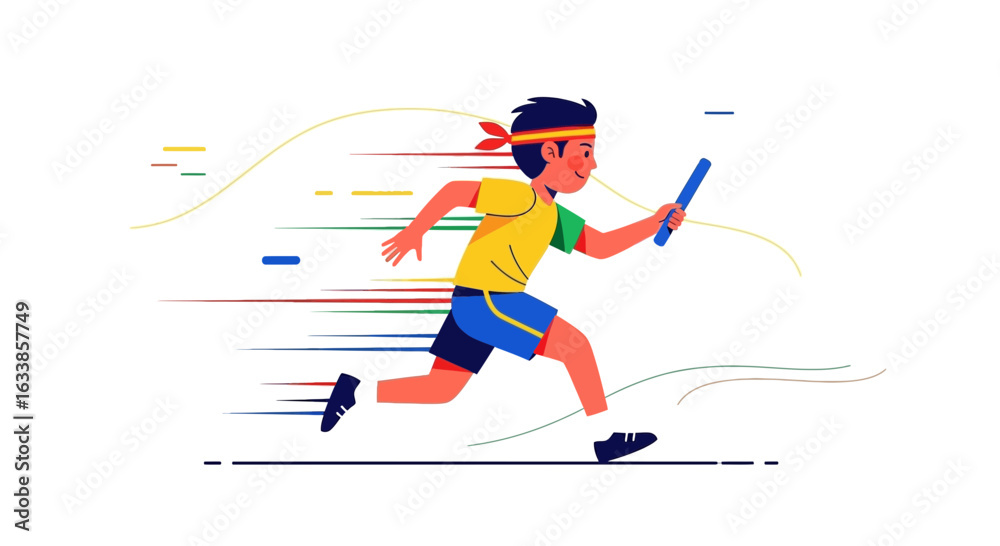 Obraz premium Boy Running Fast In A Relay Race Holding A Baton With Motion Effect