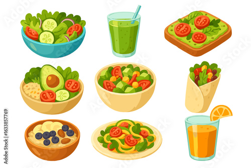 Healthy vegetarian food icons set. Colorful vector salads, smoothie, avocado toast, wrap, oatmeal bowl, vegetable pasta, fresh juice. Cartoon isolated illustrations for menu, culinary, healthy diet.