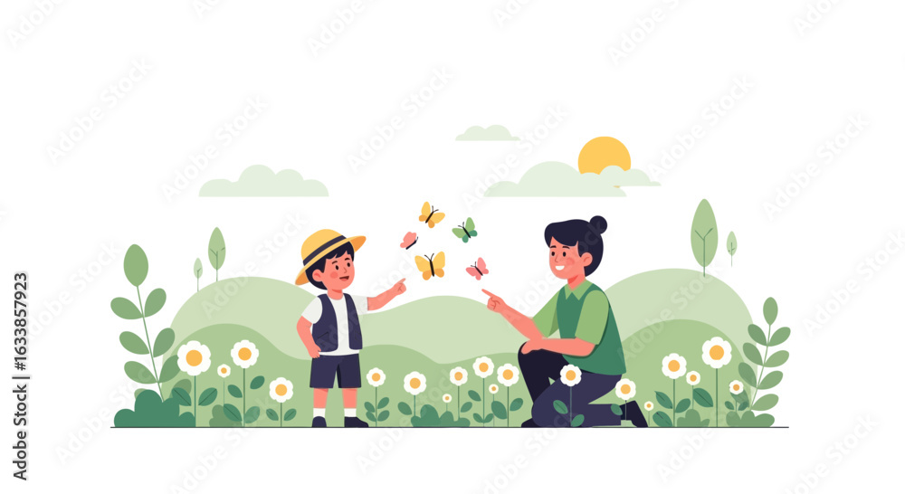 Fototapeta premium Charming Summer Day Child Interacting With Nature And Butterflies In Meadow