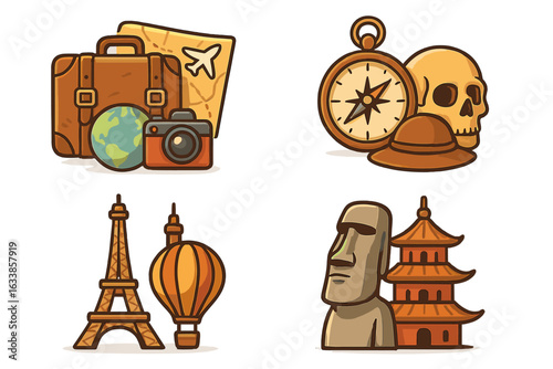 Adventure and Exploration Travel Icons Collection. Suitcase, Camera, Map, Globe, Compass, Skull, Explorer Hat, Eiffel Tower, Hot Air Balloon, Moai Statue, Pagoda. Vector Cartoon Set