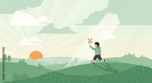 Boy Running With Pinwheel On Hillside At Sunset Expressing Joyful Childhood