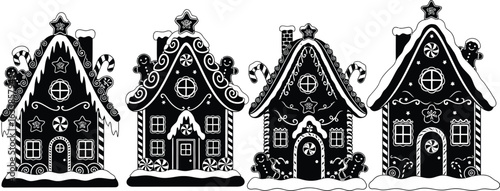 Four decorative gingerbread houses in a row silhouette