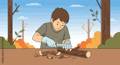 Boy Carving Wood In The Forest Illustrative Cartoon Scene With Safety Gloves