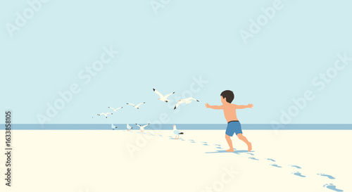 Boy Chasing Seagulls On A Bright Sunny Beach With Footprints In Sand