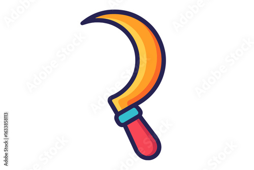 Colorful sickle vector illustration, curved agricultural tool icon, traditional harvesting equipment, farming utensil, isolated vibrant symbol for agriculture, farming, crop cutting, design element