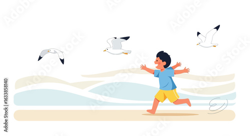 Boy Chasing Seagulls On The Beach Having Fun And Enjoying Summer Vacation