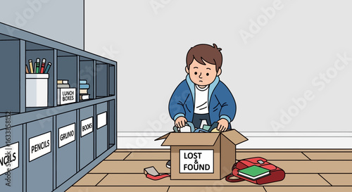Boy Searching Lost And Found Box At School With Lost Personal Items