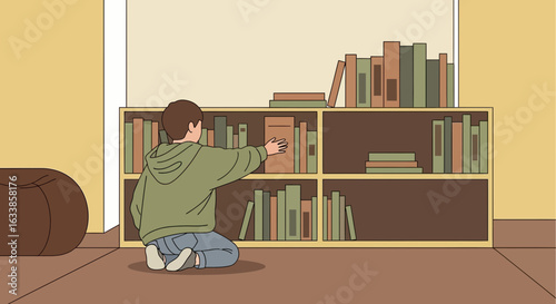 Boy Choosing A Book From A Shelf Illustration Education Or Reading Concept