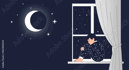 Boy Sits At Window Staring At Moon Nighttime Reflective Scene