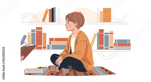 Boy Sits Cross Legged Reading Near Bookshelves Full Of Colorful Volumes