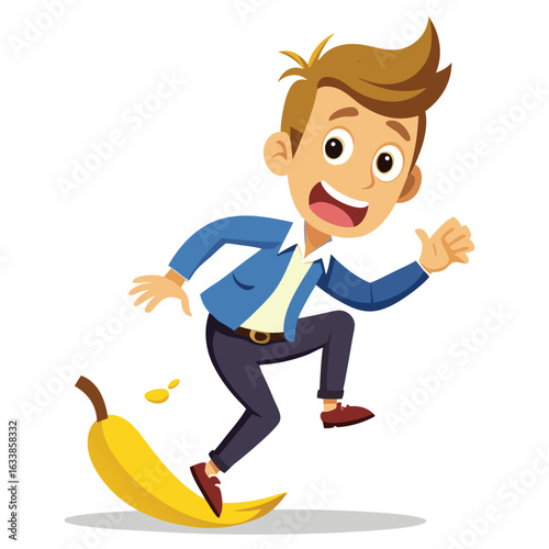A cartoon man slipping on a banana peel with a surprised expression, representing comedy, accidents, and humor.