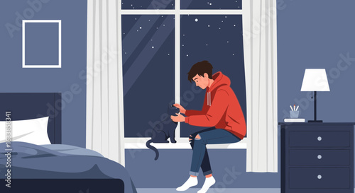 Boy Sitting on a Window Sill Petting His Cat While Looking At Stars