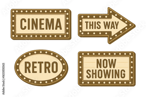 Retro cinema marquee sign collection, vintage movie theater lightbox signage, vector illustration, classic illuminated signs, retro style, old-fashioned movie display, transparent background