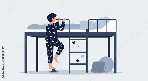 Boy Climbing Into Bunk Bed Wearing Pajamas With Geometric Shapes Pattern