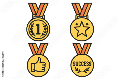 Gold Medal Award Set Vector Illustration. First Place, Star, Thumbs Up, Success Medals. Achievement Badges for Winner, Champion, Recognition, Excellence, Reward, Motivation, Prize, Contest, Event.