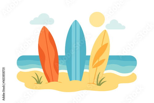 Colorful surfboards standing upright on beach sand with ocean waves, sunny sky, clouds, tropical summer vacation, surfing adventure, seaside leisure, vector illustration, isolated concept art