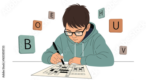 Boy Concentrating On Finishing A Difficult Crossword Puzzle At His Table
