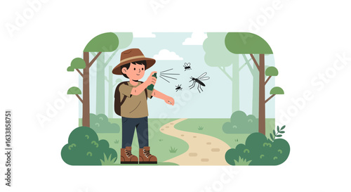 Boy Spraying Insect Repellent to Prevent Mosquito Bites While Hiking Outdoors