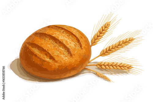 Realistic round loaf of artisan bread with golden crust and three deep slashes, accompanied by detailed wheat ears, isolated on clean white background, bakery food concept illustration