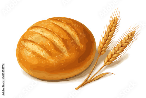 Realistic artisanal bread loaf with golden wheat ears, fresh bakery product isolated on transparent background, natural organic food, wheat harvest, healthy nutrition, rustic design concept