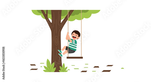 Boy Swinging Cheerfully on a Rope Swing Attached to a Large Tree