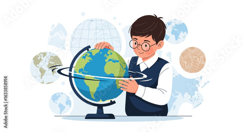 Boy Studying Globe Exploring Geography World Travel Education Concept