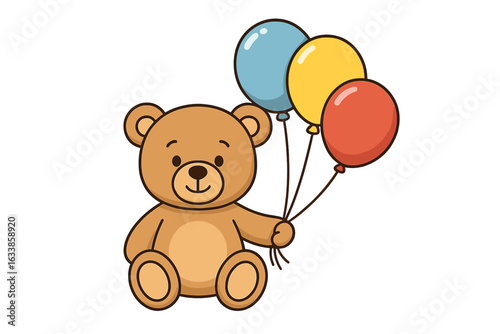 Cute teddy bear with three colorful balloons, sitting, smiling. Hand drawn cartoon illustration. Children birthday party, nursery decor, baby shower vector isolated on white background.