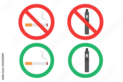 No smoking and vaping sign vector set, cigarette and vape device in prohibition red circle and green allowed zone icons, public place smoking restrictions and vape policy illustration