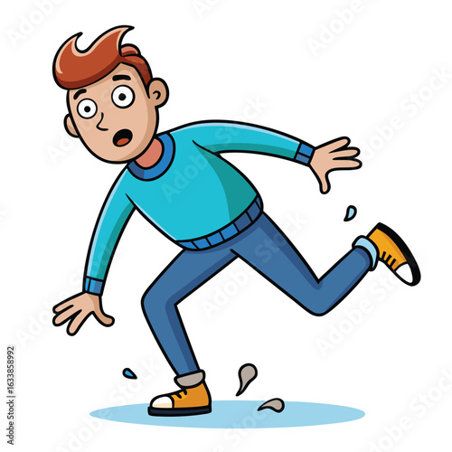 A cartoon man slipping on ice with arms flailing, representing accidents, winter hazards, and clumsiness.