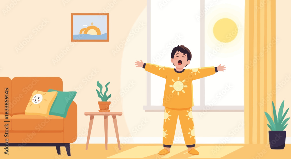 Fototapeta premium Boy Waking Up and Stretching In the Morning With Sunlight Streaming In