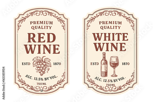 Vintage red and white wine label vector set, retro winery insignia collection, classic alcohol drink design, grape bottle and glass illustrations, premium quality wine branding, decorative typography
