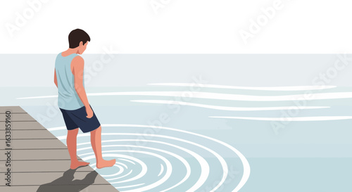 Boy Dips Toe In Cool Water On Wooden Dock For Vacation Relaxation