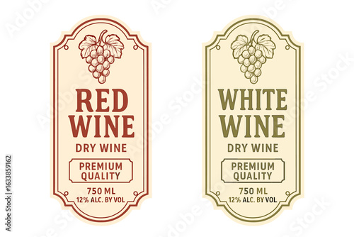 Vintage red and white wine labels vector set, premium dry wine bottle tags, elegant grape design, retro alcohol packaging, 750ml 12% ABV, isolated transparent background, classic winery branding