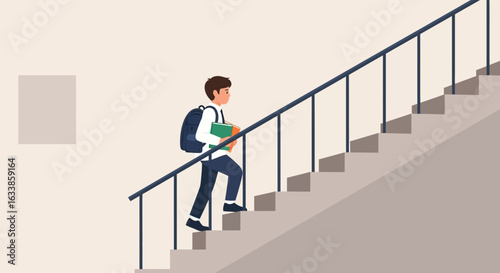 Boy Walking Up The Stairs With Books Going To School Is Determined