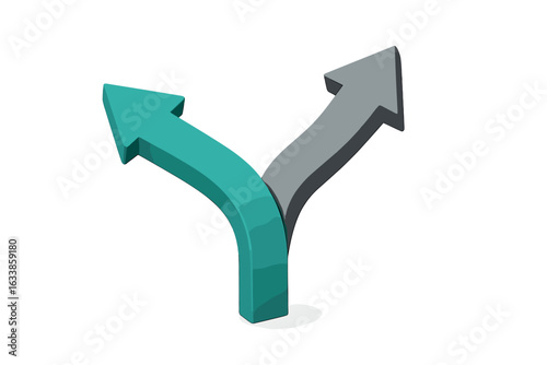 Diverging 3D arrows intersection concept. Direction decision metaphor. Split path, choice, fork in road, business direction. Opportunity, strategy, success, two options, leadership, guidance vector.
