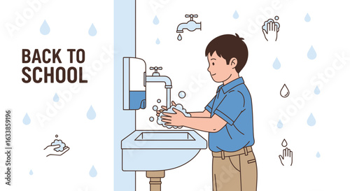 Boy Washing Hands Before School to Prevent the Spread of Germs Illustration