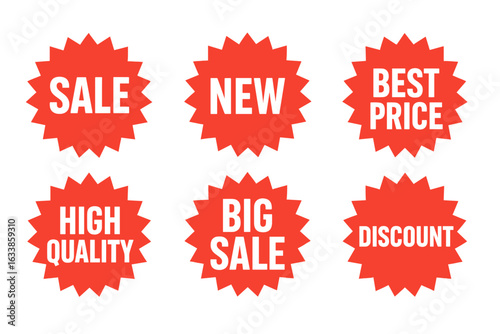 Red starburst promotional sale labels and shopping stickers set. Editable vector icons for sale, discount, best price, high quality, new product, big sale. Marketing tags for ecommerce promotion.