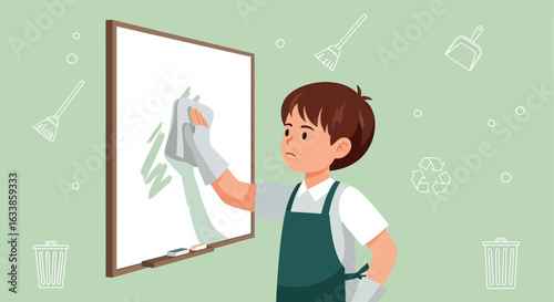 Boy Wearing Apron Cleaning Whiteboard in a Cartoon Illustration Style
