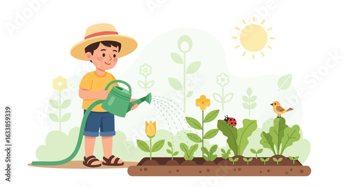 Boy Waters Plants In The Garden Under The Sun On A Bright Day