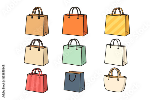 Diverse collection of shopping bags, paper bags, tote bags, and gift bags. Colorful vector cartoon set featuring various retail packaging designs for branding, merchandising, and product display.