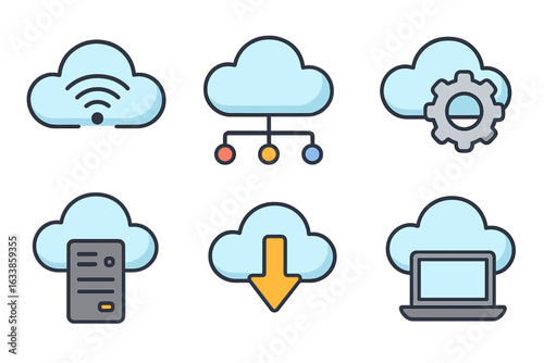 Cloud computing icons set for technology, network data storage, web server infrastructure, online download, digital services, and cloud-based system integration. Vector illustration for IT solutions.